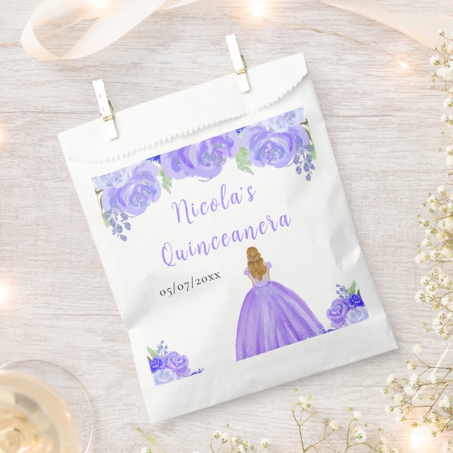 Blonde Hair Princess Purple Floral Quinceanera Favour Bag (Clipped)