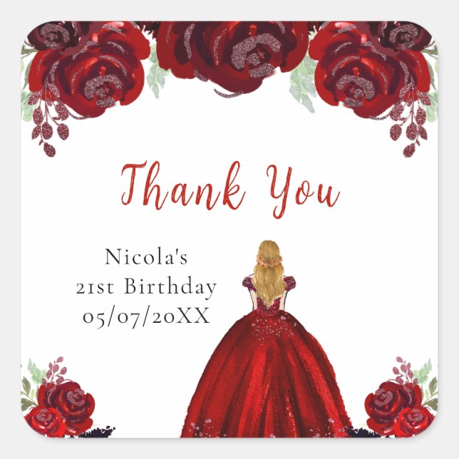 Blonde Hair Princess Red Floral Birthday Square Sticker (Front)