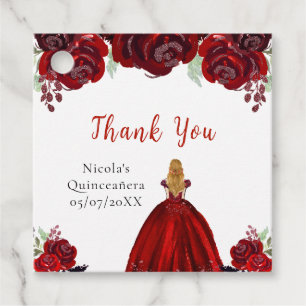 Blonde Hair Princess Red Floral Quinceanera Favour Tags