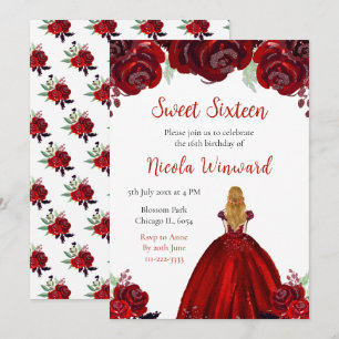 Blonde Hair Princess Red Floral Sweet Sixteen Invitation