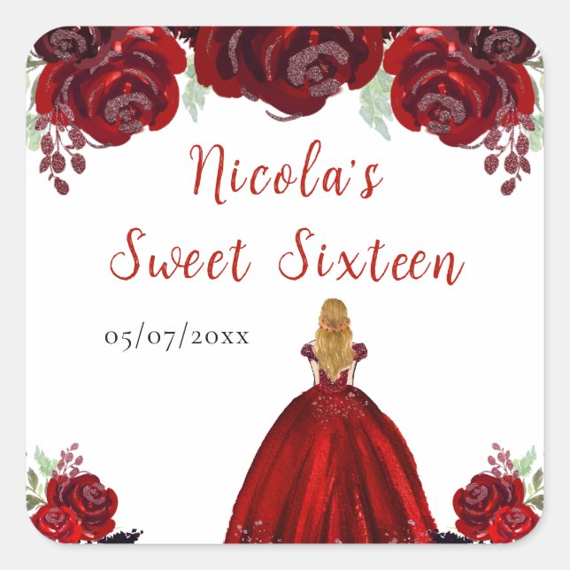 Blonde Hair Princess Red Floral Sweet Sixteen  Square Sticker (Front)