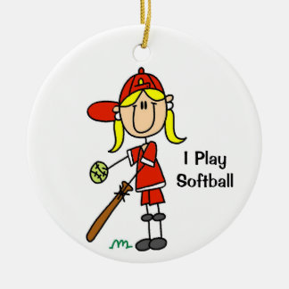 Blonde Hair Stick Figure Softball Female Ceramic Ornament