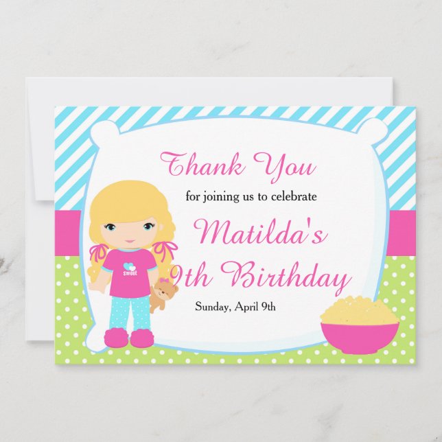 Blonde Haired Girl Sleepover Slumber Party Birthda Thank You Card (Front)