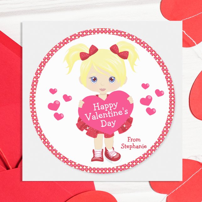 Blonde Happy Valentine's Day Classic Round Sticker (Creator Uploaded)