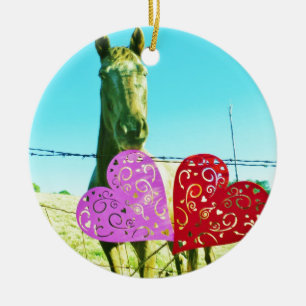 Blonde horse and Pink and Red Hearts Ceramic Ornament