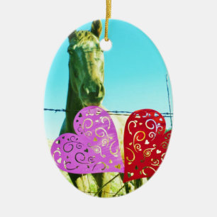 Blonde horse and Pink and Red Hearts Ceramic Ornament