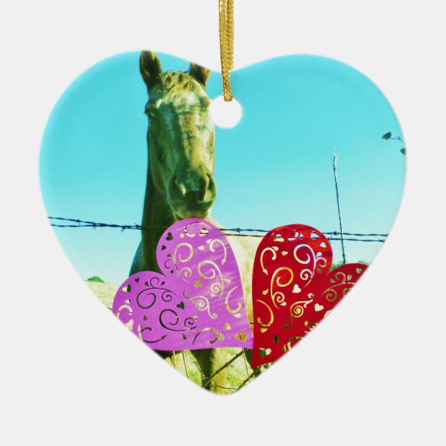 Blonde horse and Pink and Red Hearts Ceramic Ornament (Front)