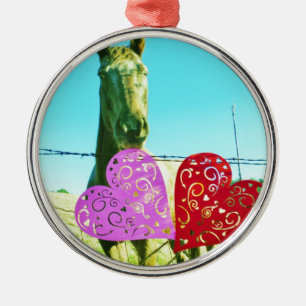 Blonde horse and Pink and Red Hearts Metal Ornament