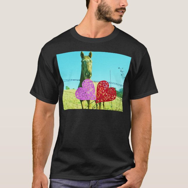 Blonde horse and Pink and Red Hearts T-Shirt (Front)