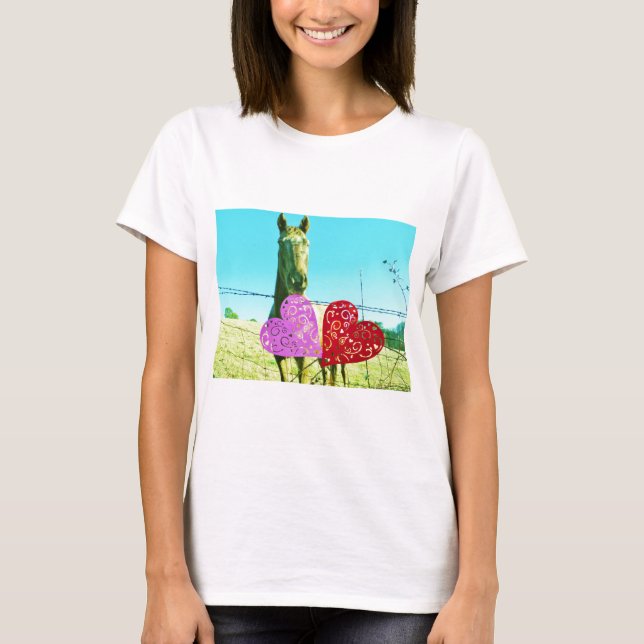 Blonde horse and Pink and Red Hearts T-Shirt (Front)