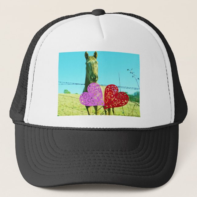 Blonde horse and Pink and Red Hearts Trucker Hat (Front)