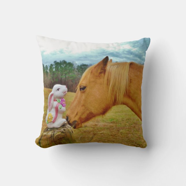 Blonde horse & Easter Spring flower Bunny Throw Pillow (Front)