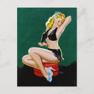 Blonde in Blue Slippers Pin Up Postcard