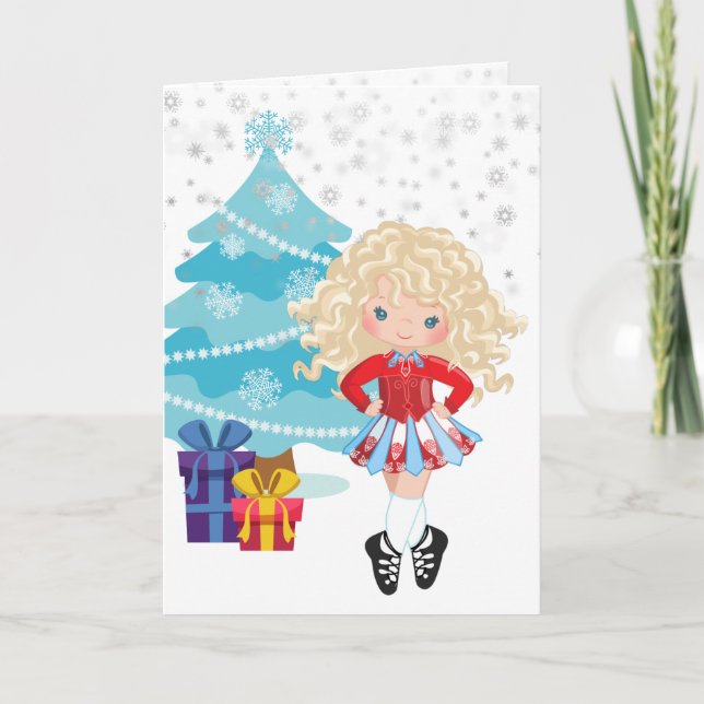 Blonde Irish Dancer Winter Christmas Holiday Card (Front)