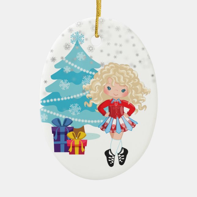 Blonde Irish Dancer Winter Christmas Holiday Ceramic Ornament (Front)