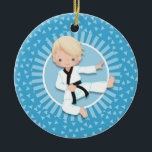 Blonde Karate Boy Ornament Judo Martial Arts<br><div class="desc">This design features a cute blonde haired martial arts kid with black belt. On blue decorative background.</div>