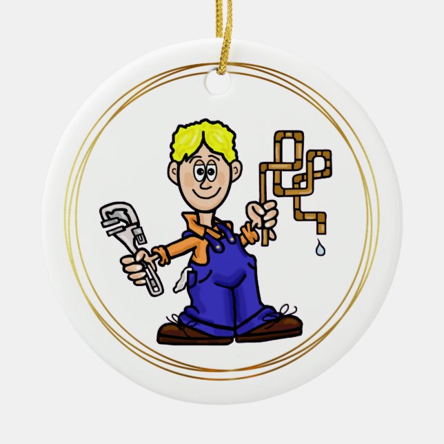 Blonde Male Plumber avec tuyaux en cuivre Ornement (Devant)