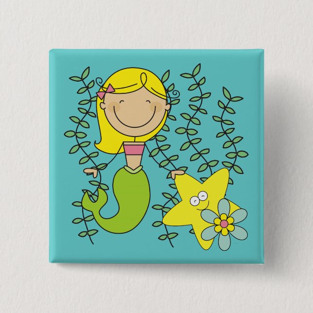 Blonde Mermaid 2 Inch Square Button (Front)