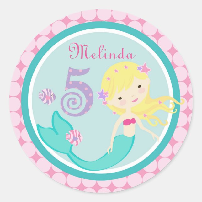 Blonde Mermaid Age Five Birthday Sticker (Front)