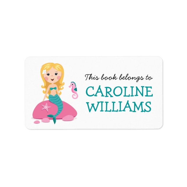 Blonde mermaid and seahorse bookplate book label (Front)