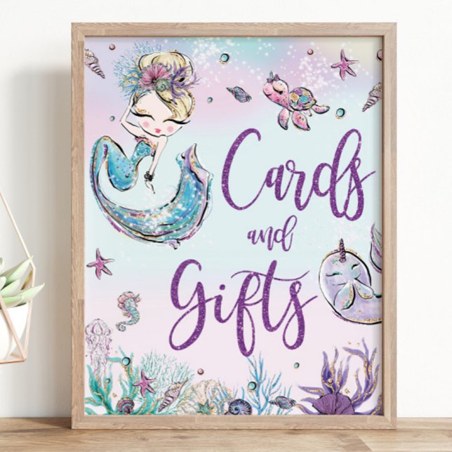 Blonde Mermaid Birthday Baby Shower Cards & Gifts Poster (zazzle-mermaid-blonde-girl-under-the-sea-ocean-pool-1st-birthday-baby-shower-cards-and-gifts-sign)