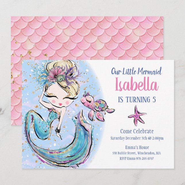 Blonde Mermaid Birthday Party Invitation (Front/Back)