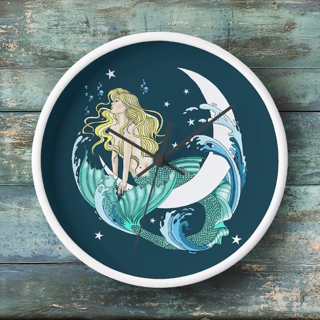 Blonde Mermaid Crescent Moon Fantasy Art Deco Clock (Creator Uploaded)