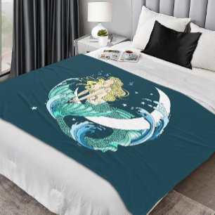 Blonde Mermaid Crescent Moon Fantasy Art Deco Fleece Blanket