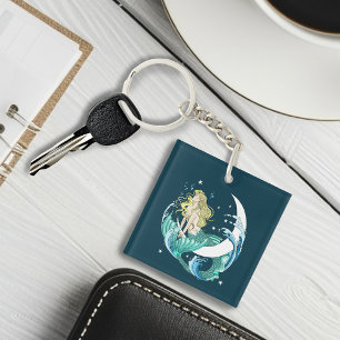 Blonde Mermaid Crescent Moon Fantasy Art Deco Keychain