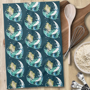 Blonde Mermaid Crescent Moon Fantasy Art Deco Kitchen Towel
