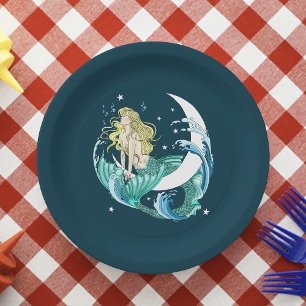 Blonde Mermaid Crescent Moon Fantasy Art Deco Paper Plate