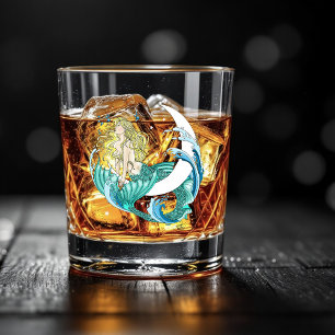 Blonde Mermaid Crescent Moon Fantasy Art Deco Whiskey Glass