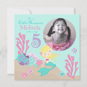 Blonde Mermaid Fifth Birthday Invitation