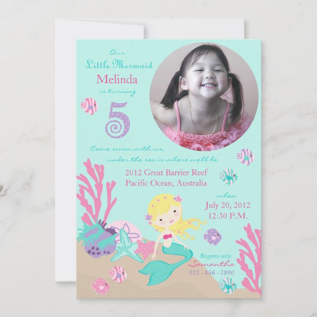 Blonde Mermaid Fifth Birthday Invitation (Front)