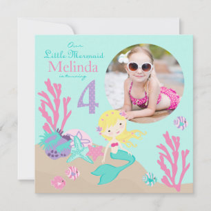 Blonde Mermaid Fourth Birthday Invitation