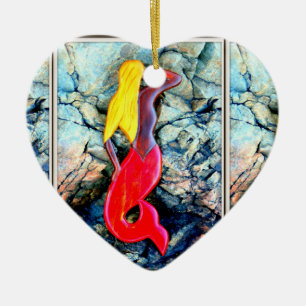 blonde mermaid in red ceramic ornament
