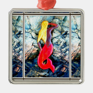 blonde mermaid in red granite metal ornament