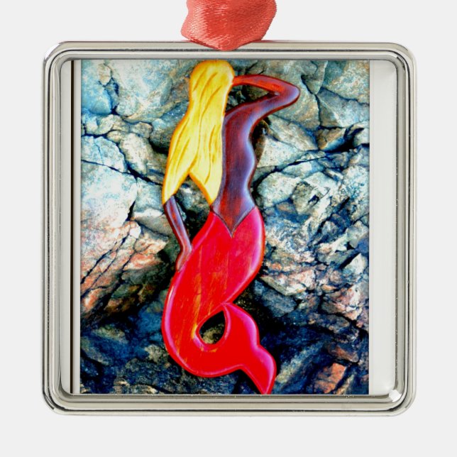 blonde mermaid in red metal ornament (Front)