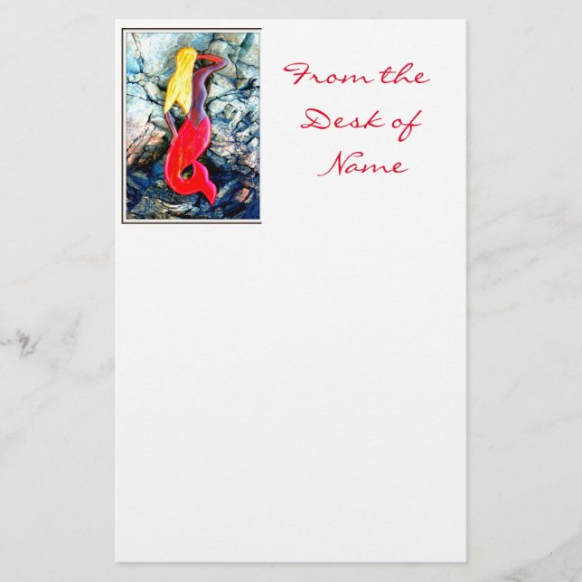 blonde mermaid in red stationery (Front)