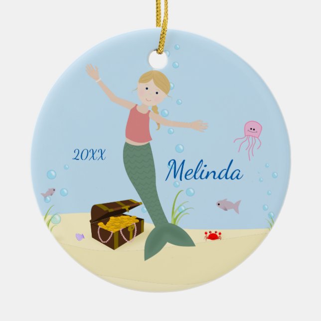 Blonde Mermaid Keepsake Ceramic Ornament (Front)