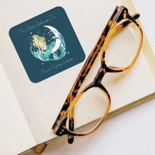 Blonde Mermaid Moon Fantasy Art Deco Bookplate Square Sticker