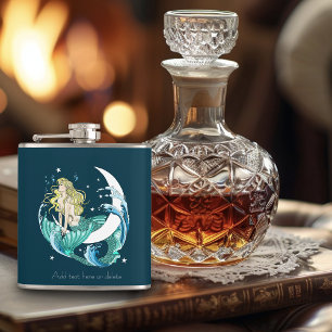 Blonde Mermaid Moon Fantasy Art Deco Hip Flask