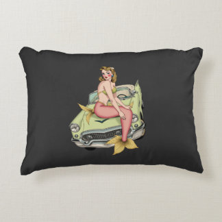 Blonde Mermaid on Vintage Green Car Watercolor Ill Accent Pillow