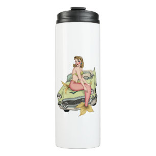 Blonde Mermaid on Vintage Green Car Watercolor Ill Thermal Tumbler