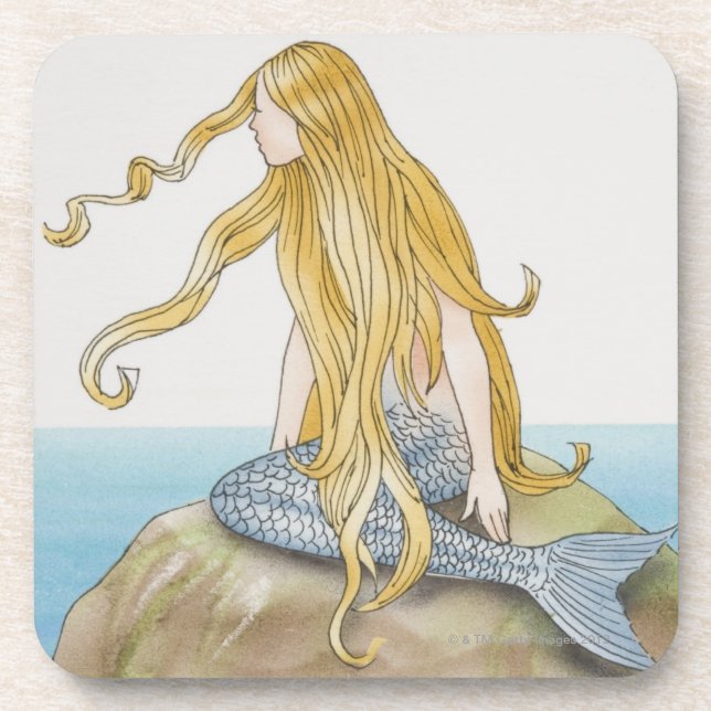 Blonde mermaid sitting on sea rock, side view. coaster (Front)