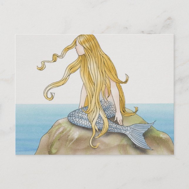 Blonde mermaid sitting on sea rock, side view. postcard (Front)