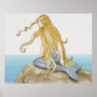 Blonde mermaid sitting on sea rock, side view.