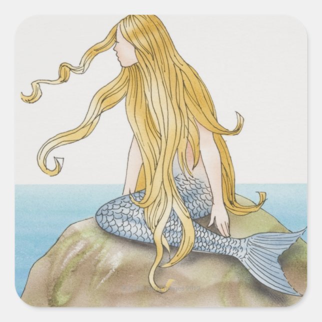 Blonde mermaid sitting on sea rock, side view. square sticker (Front)