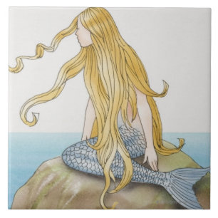 Blonde mermaid sitting on sea rock, side view. tile