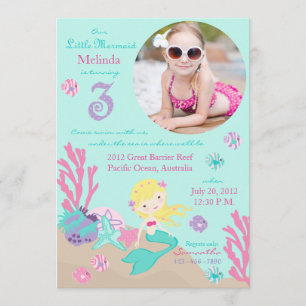 Blonde Mermaid Third Birthday Invitation